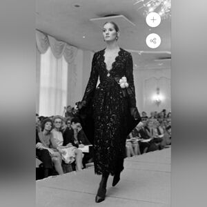 Fall 1970 Donald Brooks Runway Black Chenille & Sequin Net Lace Dress